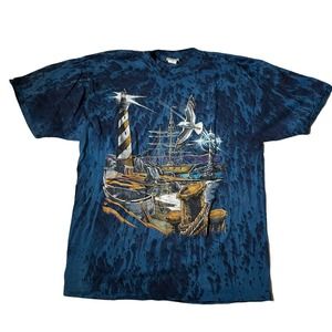 Vintage 90's Tie Dye Boat‎ Ship Seagull Ocean T Shirt XL Men's USA Blue